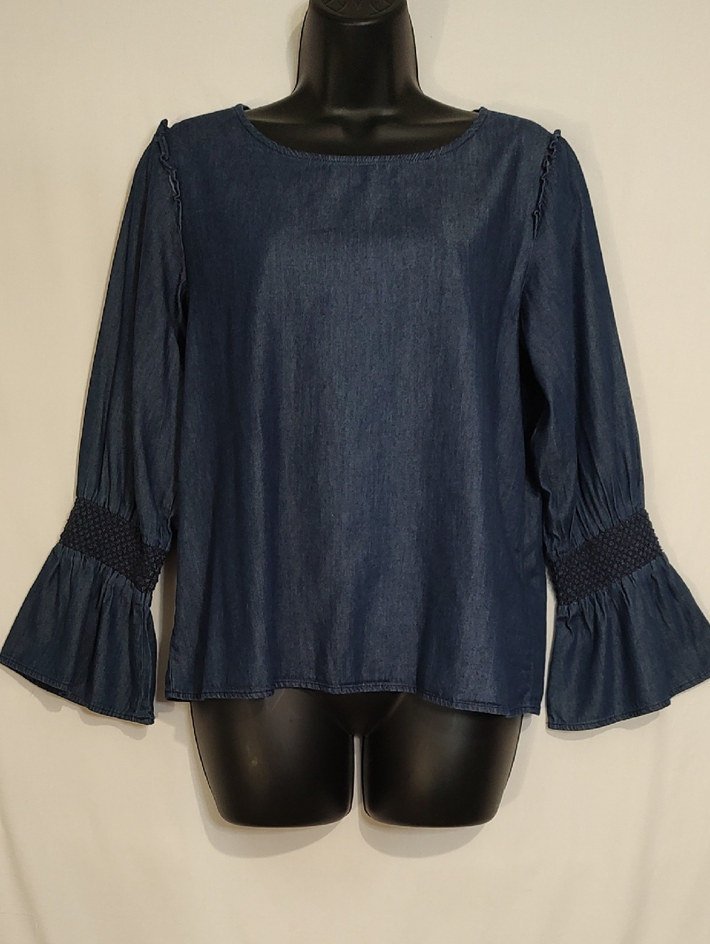 C Dark Blue Denim-Look Bell Sleeve Blouse